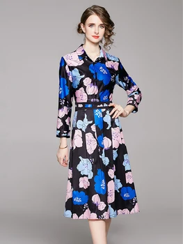 Модное летнее платье с цветочным узором для подиума, женское платье Миди с отложным воротником и длинным рукавом с цветочным принтом, вечерние плиссированные платья