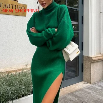 Корейский вязаный свитер с высоким воротом, Зимнее платье Для женщин 2023, Облегающее платье-джемпер с рукавом-фонариком, Большие размеры, Элегантные вязаные платья-свитера