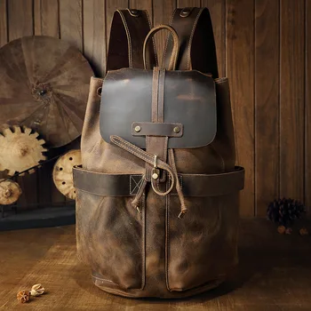 Модный и универсальный рюкзак Кожаный Рюкзак Мужской Для отдыха и путешествий, Ретро Кожаный рюкзак Crazy Horse, мужская сумка ручной работы