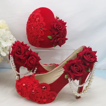Новое поступление, женские свадебные туфли из флока красного цвета для невесты, туфли на платформе на высоком каблуке 8 см/11 см/14 см, свадебные туфли с большим цветком, красная подошва Изображение 2