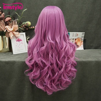 Фиолетовый парик Imstyle, Длинный синтетический парик на кружеве, термостойкие волокнистые бесклеевые натуральные волнистые парики для женщин, парик для косплея, парик для вечеринки Изображение 2