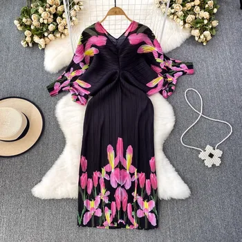 Плиссированное платье Miyake, Женское 2023, Новая Праздничная одежда С цветочным принтом, V-образный Вырез, Рукав 