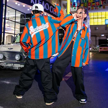 Детская одежда в стиле хип-хоп, Полосатая рубашка Оверсайз, Топ, Черная Повседневная Уличная одежда, Брюки-карго для девочек и мальчиков, одежда для джазовых танцев