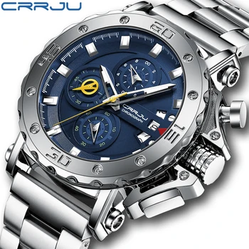 Мужские часы CRRJU от лучшего бренда класса люкс с большим циферблатом, водонепроницаемые наручные часы с хронографом из нержавеющей стали и датой Relogio Masculino