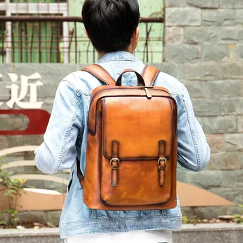 Новый стиль, рюкзак для ноутбука, мужской рюкзак из натуральной кожи, деловой школьный рюкзак, многофункциональный рюкзак, кожаные рюкзаки для путешествий Изображение 2