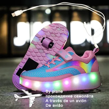 Зарядка через USB, Черные Светящиеся кроссовки на двух колесах, обувь для роликовых коньков со светодиодной подсветкой, Детская обувь со светодиодной подсветкой, обувь для мальчиков и девочек 27-40