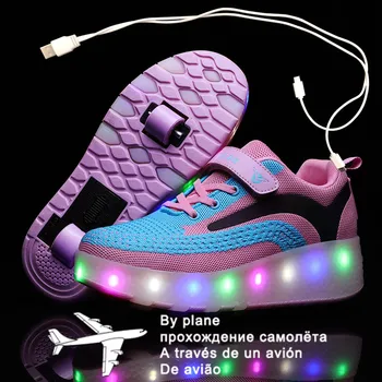 Зарядка через USB, Черные Светящиеся кроссовки на двух колесах, обувь для роликовых коньков со светодиодной подсветкой, Детская обувь со светодиодной подсветкой, обувь для мальчиков и девочек 27-40 Изображение 2