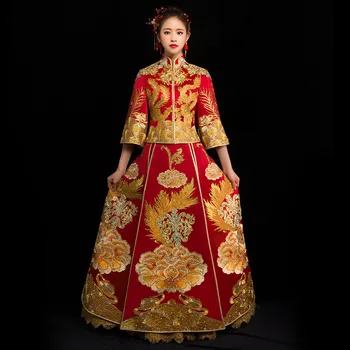 Новое вечернее платье в китайском стиле, свадебный костюм ципао со стразами, красный костюм невесты, винтажный китайский традиционный костюм эпохи Тан
