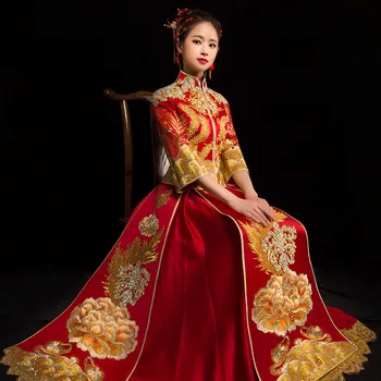 Новое вечернее платье в китайском стиле, свадебный костюм ципао со стразами, красный костюм невесты, винтажный китайский традиционный костюм эпохи Тан Изображение 2