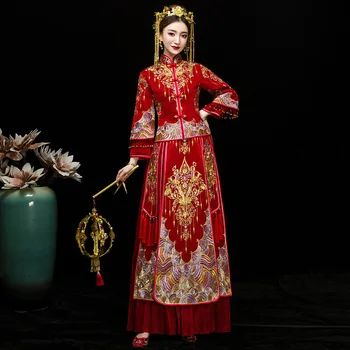 Красное золото, традиционное свадебное длинное платье Чонсам в китайском стиле, изысканное банкетное стильное элегантное платье невесты китайская одежда