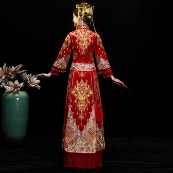 Красное золото, традиционное свадебное длинное платье Чонсам в китайском стиле, изысканное банкетное стильное элегантное платье невесты китайская одежда Изображение 2