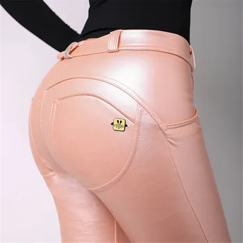 Melody Wear Розовые кожаные брюки с металлическим эффектом, кожаные брюки, женские брюки из мягкой искусственной кожи, розовые спортивные брюки, тренировочные брюки Изображение 2