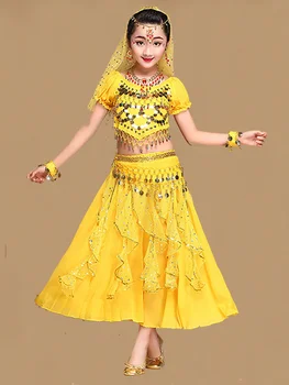 Детский танец живота для девочек, комплект костюмов для индийских танцев, Сари, Болливудский детский наряд, Комплекты одежды для выступлений с танцами живота для девочек Изображение 2