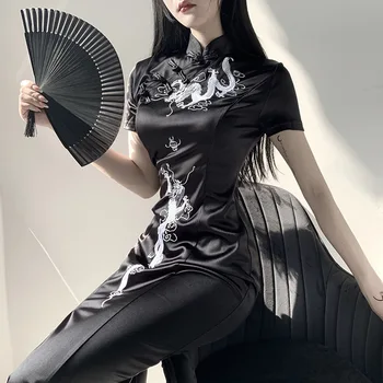 Вышивка Дракон Ципао Женское Сексуальное тонкое платье Чонсам Vestidos Темно-ретро Китайское традиционное платье для Вечеринок Азиатская одежда