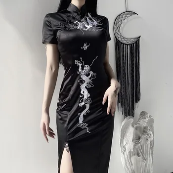 Вышивка Дракон Ципао Женское Сексуальное тонкое платье Чонсам Vestidos Темно-ретро Китайское традиционное платье для Вечеринок Азиатская одежда Изображение 2