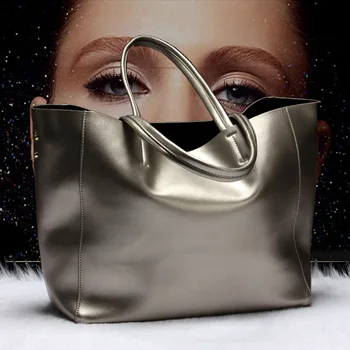 Серебристый металлик, повседневная сумка-тоут для женщин, большая вместительная сумка из натуральной коровьей кожи, 100% Натуральная женская сумка на плечо Роскошного дизайна