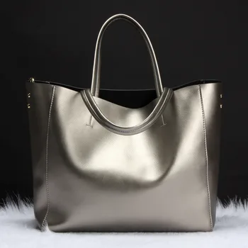 Серебристый металлик, повседневная сумка-тоут для женщин, большая вместительная сумка из натуральной коровьей кожи, 100% Натуральная женская сумка на плечо Роскошного дизайна Изображение 2