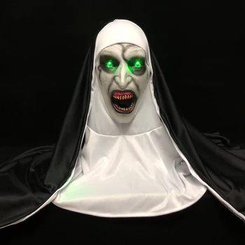 Светодиодная маска Ужасной монахини, Косплей, Страшные латексные маски с платком, светодиодный светильник, реквизит для вечеринки на Хэллоуин, Люкс
