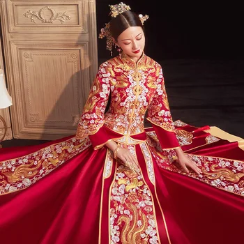 Ретро Изысканный Китайский Свадебный Костюм Для Пары Чонсам С Вышивкой Дракона и Феникса, Элегантное Свадебное Платье Невесты китайская одежда