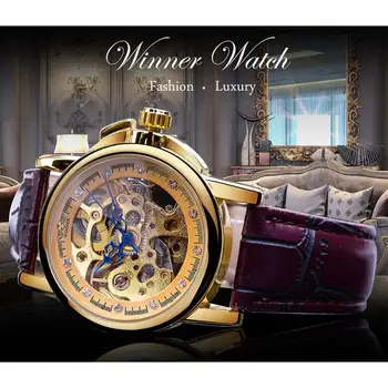 Forsining Классический Ретро Дизайн, синие стрелки, женская мода, Золотой скелет, бриллиантовый дисплей, механические наручные часы, подарок для женщин Изображение 2