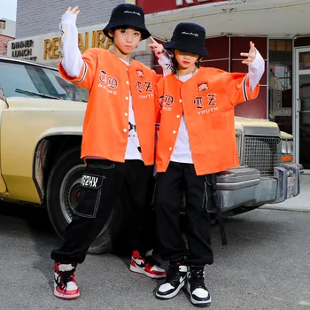 Kid Kpop Outfit Одежда для девочек и мальчиков, бейсбольная рубашка, куртка, кардиган, топ, Уличная Одежда, Тактические Брюки-карго, танцевальный костюм в стиле хип-хоп