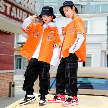 Kid Kpop Outfit Одежда для девочек и мальчиков, бейсбольная рубашка, куртка, кардиган, топ, Уличная Одежда, Тактические Брюки-карго, танцевальный костюм в стиле хип-хоп Изображение 2